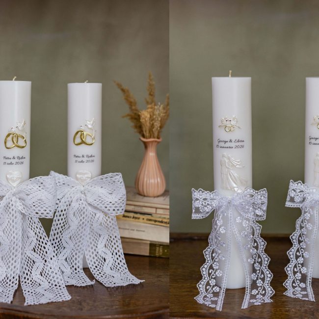 Lumânări de nuntă personalizate cu aplicații din ceară, modele unicat magia lumanarilor