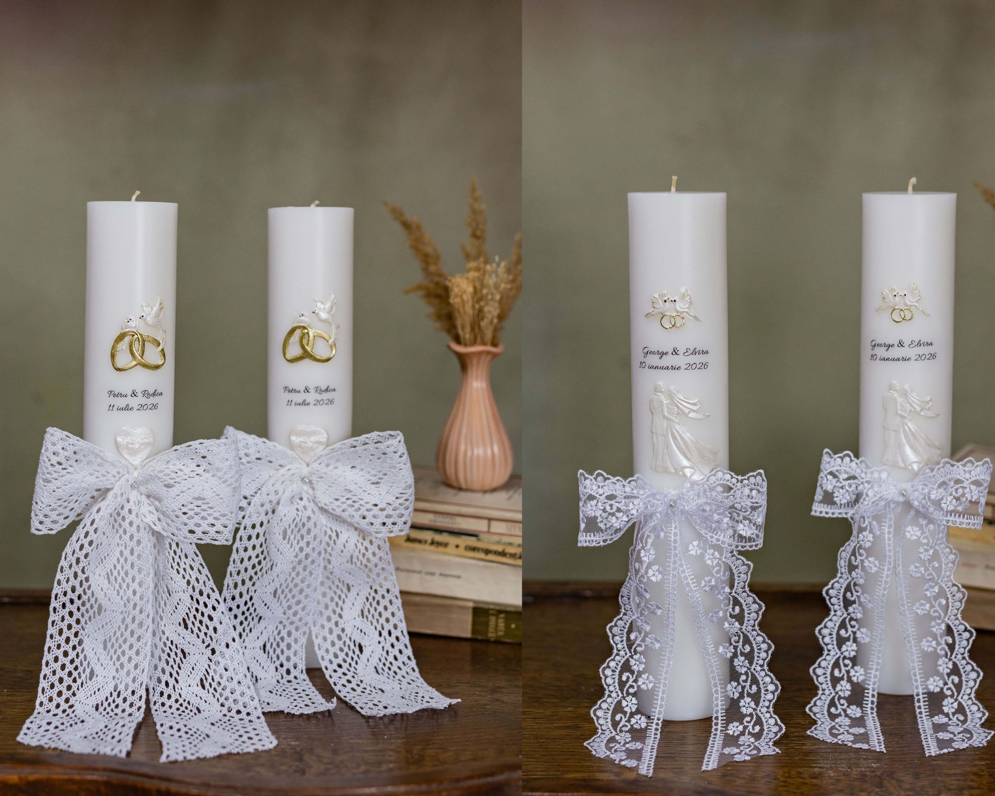 Lumânări de nuntă personalizate cu aplicații din ceară, modele unicat magia lumanarilor